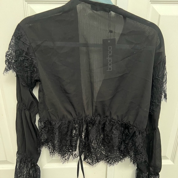 NWT tie detail eyelash lace trim top in black - Picture 4 of 7